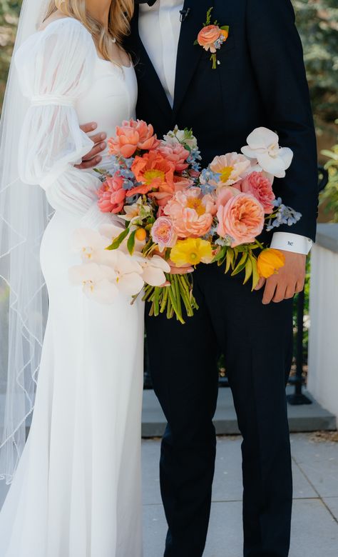 Poppy Bridal Bouquet, Blue Tweedia, Poppy Wedding, Coral Peony, Yellow Poppy, Blue Delphinium, Coral Rose, Peony Wedding, Coral Wedding