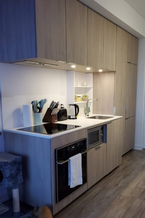 Small Kitchen Airbnb, Small Condo Room Ideas, Small Toronto Apartment, Small Straight Kitchen Ideas, Downtown Toronto Apartments, Kitchen Condo Design, Bachelor Kitchen Ideas, Small Condo Kitchen Remodel, Small Condo Ideas