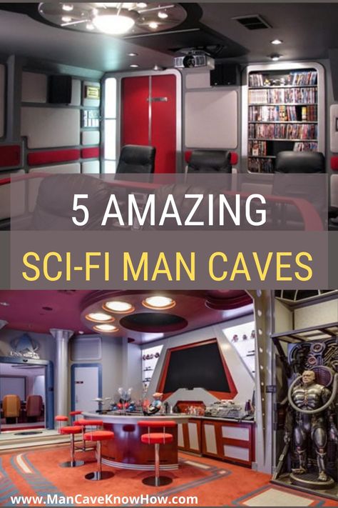 Star Wars Home Office Ideas, Star Trek Man Cave, Star Trek Room Ideas, Nerdy Man Cave, Star Trek Office, Nerd Cave Ideas, Sci Fi Decor, Home Office For Men Man Caves, Sci Fi Bar