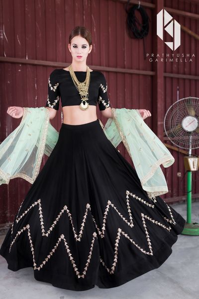 Light Lehengas - Black Lehenga with Powder Blue Net Dupatta | WedMeGood | Black Lehenga with Gotta Work, High Neck Blouse and Powder Blue Net Dupatta  #wedmegood #indianbride #indianwedding #lehenga #bridal #lightlehenga #vlack #blue Black And Gold Lehenga, डिजाइनर कपड़े, Lehenga Crop Top, Indian Outfits Lehenga, Lehnga Dress, Choli Designs, Indian Gowns Dresses, Ghagra Choli, Indian Lehenga