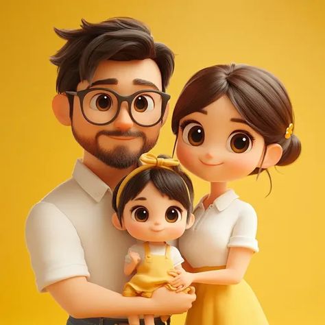 ↑↑↑ Larger size on website 🔸 The image shows a cartoon family of three. The father is wearing glasses and a white shirt, the moth Cartoon Family, The Moth, White Collared Shirt, Family Of Three, Family Cartoon, Yellow Skirt, Loving Family, Wearing Glasses, The Father