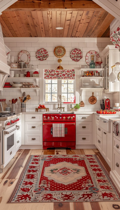 Cute Cabinets, Red And White Cottage Decor, Farmhouse Red Kitchen, Red Kitchen Inspiration, Red And White Kitchen Ideas, Strawberry Kitchen Theme, Red And Turquoise Kitchen, Red And White Kitchen Cabinets, Small Eat In Kitchen Ideas