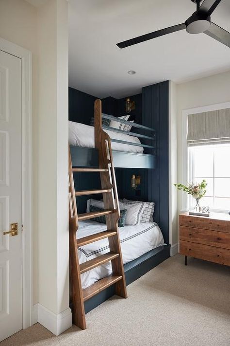 Brown Oak Vintage Ladder on Blue Built In Bunk Bed - Cottage - Boy's Room Boys Room With Bunk Beds, Blue Teen Bedrooms, Small Toddler Rooms, Blue Shiplap, Blue Plaid Pillows, Shiplap Trim, Room With Bunk Beds, Shared Boys Room, Plaid Pillows