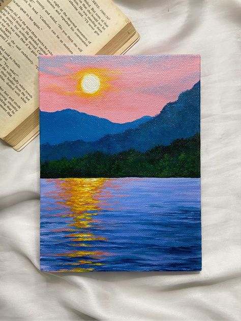 Easy Mountain Painting Simple, Mountains Painting Easy, Painting Ideas On Canvas Mountains, Lake Painting Easy, Easy Mountain Painting, Painting Inspo Aesthetic, Lake Acrylic Painting, Mountain Sunset Painting, Sunset Painting Easy