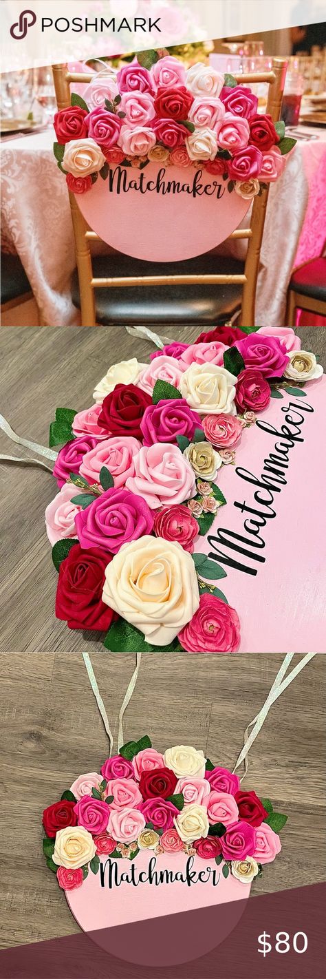 Wedding Sign Matchmaker Chair Pink Floral Roses Wedding Signs, Matchmaker Chair Wedding, Matchmaker Wedding Chair, Matchmaker Wedding, Wedding Chair Signs, Wedding Chair, Glitter Ribbon, Wedding Chairs, Wedding Sign