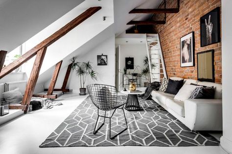 Wood and Light Creates a Wonderful Interior | Decoholic Loft Space Ideas, Scandinavian Loft, Monochrome Living Room, Scandinavian Design Living Room, Apartment Loft, Gravity Home, Loft Stil, Attic Design, Attic Renovation