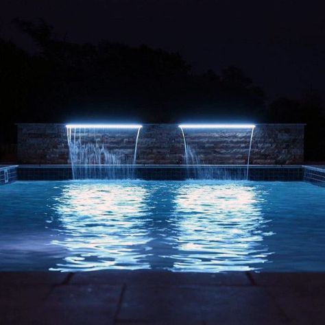 Top 60 Best Pool Lighting Ideas - Underwater LED Illumination Swimming Pool Waterfall, Backyard Waterfall, Pool Lighting, Waterfall Lights, Led Pool Lighting, Swimming Pool Lights, Pool Water Features, Pool Remodel, Pool Fountain