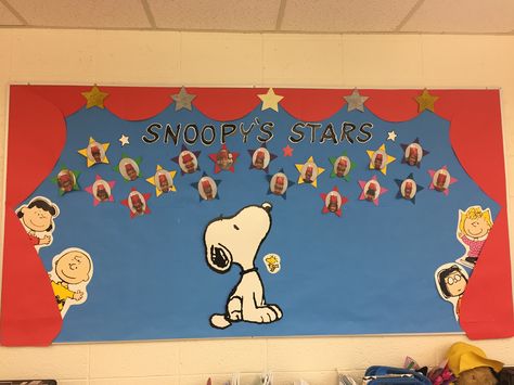 Snoopy themed classroom bulletin board. Snoopy's Stars Peanuts Bulletin Board Ideas, Charlie Brown Classroom Theme, Snoopy Themed Classroom, Peanuts Classroom Theme, Snoopy Classroom Theme, Snoopy Bulletin Board Ideas, Spanish Classroom Bulletin Boards, Peanuts Gang Classroom, Charlie Brown Classroom