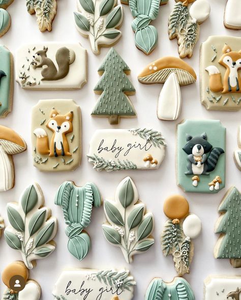 Enchanted Forest Baby Shower, Woodland Theme Baby, Woodland Creatures Baby Shower, Forest Baby Showers, Baby Shower Woodland Theme, Shower Cookies, Spring Baby Shower, Baby Cookies, Animal Cookies