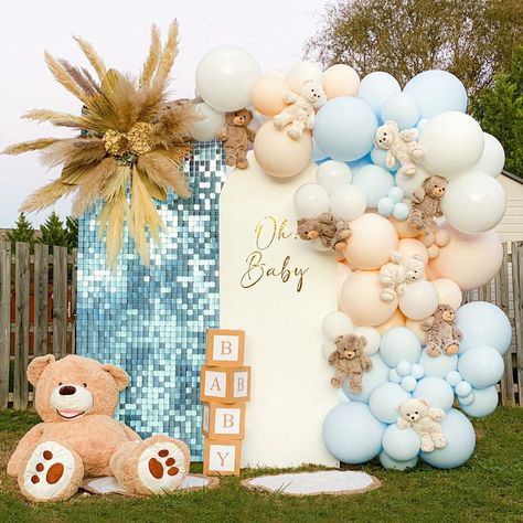 𝕊𝕒𝕪 𝕚𝕥 𝕨𝕚𝕥𝕙 𝔹𝕒𝕝𝕝𝕠𝕠𝕟𝕤 on Instagram: “Shimmer wall, wooden backdrop and balloons a successful combination! 💙🐻 #babyshowerideas #balloonstylist #babyshower #cltballoons…” Baby Shower Planner, Wooden Backdrop, Baby Shower Decorations Neutral, Baby Shower Venues, Bear Baby Shower Theme, 1st Birthday Girl Decorations, Idee Babyshower, Shower Balloons, Baby Shower Deco