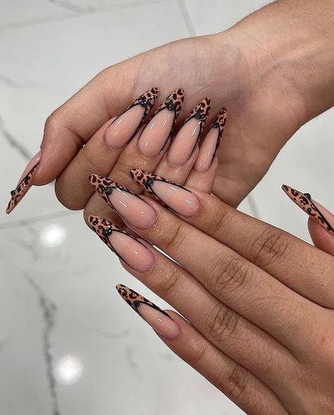 Long and elegant nails, perfectly manicured with a classic white tip. And to add a wild touch, the tip of the nail is adorned with a bold leopard print, while the rest of the nail is a subtle nude color. These nails are perfect for those who want to add a touch of glamour and adventure to their style. #nails#longnails #nailsideas #longnailsideas#originalnailsideas #NailArt#ManiMonday#NailDesigns#NailInspiration#NailGoals#NailObsession#NailFashion#NailSwag#NailSelfie#NailAddict Nails Leopard, Cheetah Nails, Style Nails, Leopard Print Nails, Glamour Nails, Almond Acrylic Nails, White Tip, Toe Nail Designs, Elegant Nails