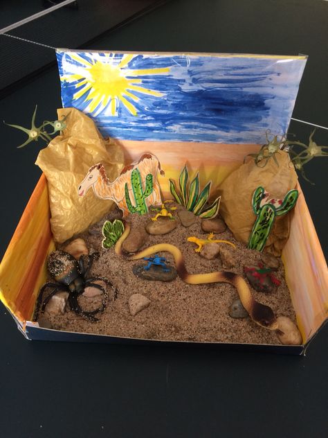 Desert habitat diorama. I made it for my son's 1st grade project. Used shoe box, paper, glue, markers, watercolor, clear tape, cardboard, sand, stones and animals from a Dollar store. Ecosystems Diorama, Habitat Diorama, Desert Crafts, Desert Habitat, Biomes Project, Desert Diorama, Diorama Kids, Ecosystems Projects, Desert Biome