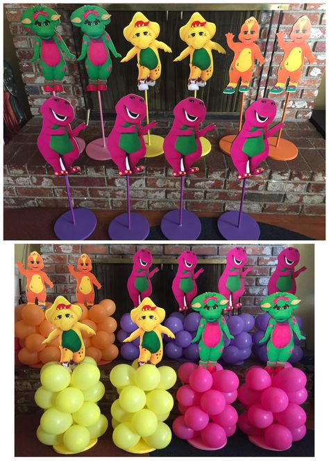 Barney & Friends balloon stands, Barney Centerpieces, Barney party Barney Centerpieces Ideas, Barney Party Decorations, Barney 2nd Birthday Party, Barney The Dinosaur Birthday Party, Barney Birthday Party Ideas, Barney And Friends Birthday Party Ideas, Barney Birthday Party Decorations, Barney Themed Birthday Party, Barney Party Ideas