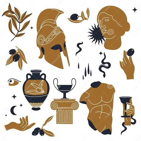 Vector Illustration of Bundle Antique Signs and Symbols - Statues, Olive Branch, Amphora, Column, Helmet. Ancient Greek Stock Vector - Illustration of gypsum, character: 222971130 Greek Illustration, Ancient Greek Symbols, Ancient Greece Art, Greek Helmet, Greek Symbol, Greek Pattern, Greece Art, Trojan Horse, Signs And Symbols