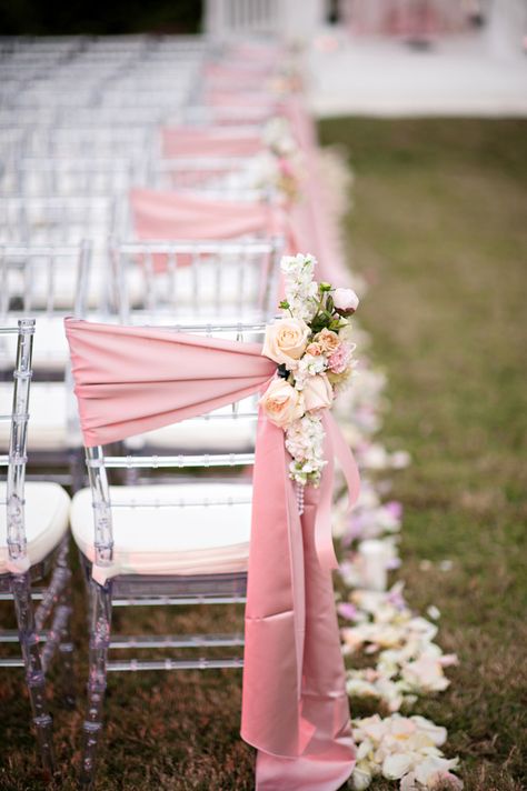 Ceremony Chair Decor- I REALLY love this simple but beautiful Wedding Chair Sashes, Rustic Wedding Decorations, Ceremony Chairs, Wedding Chair, Blush Pink Weddings, Wedding Aisle, Wedding Chairs, Chair Decorations, Ceremony Decorations