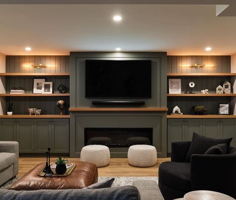 Basement Faux Beams, Living Room Built In Tv Cabinet, Living Room Tv Wall Cabinet, Green Built In Entertainment Center, Built In Basement Entertainment Center, Movie Den Room, Basement Built In Storage Wall, Built In Entertainment Center Paint Colors, Built In Shelves Basement Family Room