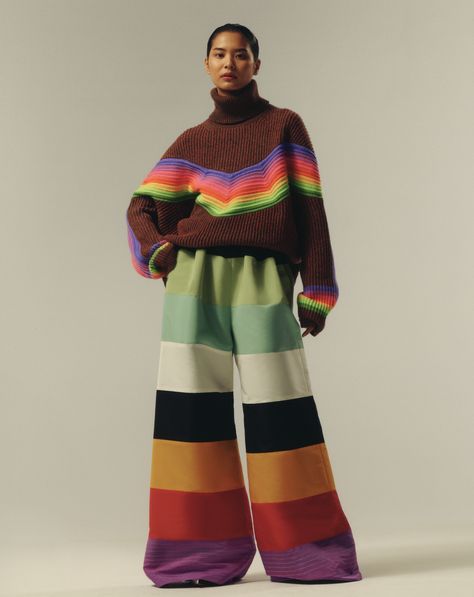 Patchwork, Christopher John Rogers, Chevron Sweater, Rainbow Chevron, Wide Leg Palazzo Pants, Quirky Fashion, Chevron Stripe, Vogue Fashion, Chunky Sweater