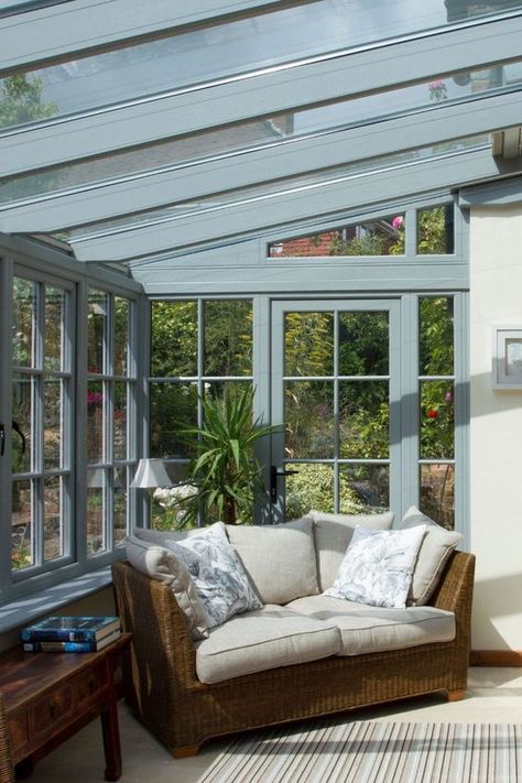 Inside this timber conservatory is a light and airy room, with our temperature control New Generation Glass installed throughout, to keep the temperature comfortable whatever the weather. The customer chose to include a timber glass panelled door between the conservatory and the property to match the style of the conservatory, which still allows light through while closing the conservatory off from the main home when required. Hexagon Room, Timber Conservatory, Conservatory Ideas Interior Decor, Conservatory Ideas Interior, Small Conservatory Ideas, Orangery Kitchen, Dark House Exterior, Flint House, Conservatory Interiors