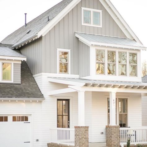 Eider White SW 7014 - White & Pastel Paint Color - Sherwin-Williams Gray And White House Exterior, Sherwin Williams Dorian Gray, Eider White Sherwin Williams, White Sherwin Williams, Grey Exterior House Colors, Eider White, Exterior Gray Paint, Gray House Exterior, White Exterior Houses