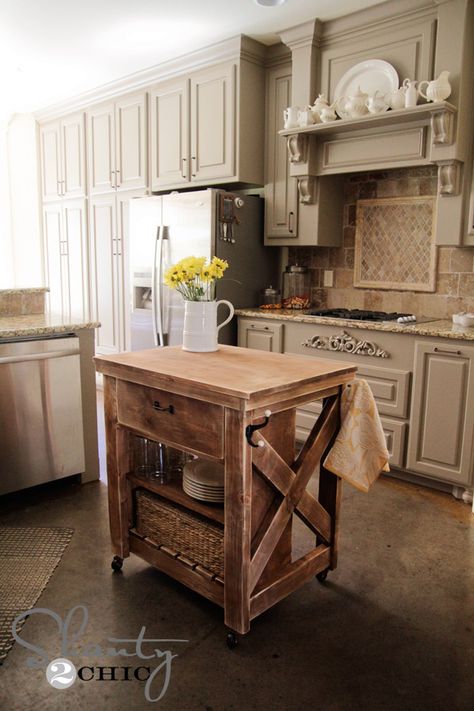 Pottery Barn Inspired Kitchen Island Diy Rustic Kitchen, Kitchen Island Plans, Rustic Kitchen Island, Rolling Kitchen Island, Small Kitchen Island, Kitchen Island Cart, Farmhouse Kitchen Island, Wood Kitchen Island, Diy Kitchen Island