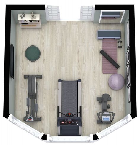 Take advantage of your bay windows to create the perfect home gym. This layout shows you how. Click the link to find out. Home Gym Ideas Small Workout Rooms, Small Gym Room, Small Workout Room, Tiny Home Gym, Garage Gym Flooring, Gym Layout, Exercise Rooms, Home Gym Layout, Gym Architecture