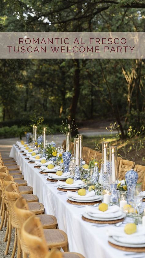 We brought a classically Tuscan theme to this wedding welcome dinner, with lemon place settings and blue and white chinoiserie. This romantic al fresco Italian dinner was the perfect way to start T&M's wedding week. Wedding Welcome Dinner, Tuscan Wedding Theme, Tuscany Wedding Theme, Lemon Tablescape, Blue And Yellow Wedding, Blue Yellow Weddings, Italian Wedding Venues, Welcome Dinner, Al Fresco Dinner