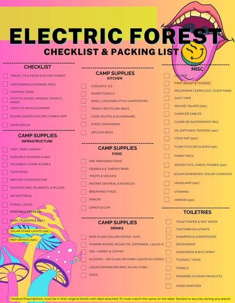 Rave Essentials Packing Lists, Electric Forest Festival Outfits, Festival Checklist Packing Lists, Music Festival Packing List, Electric Forest Camping, Rave Camping, Camping Music Festival Packing Lists, Festival Camping List, Music Festival Checklist Packing Lists