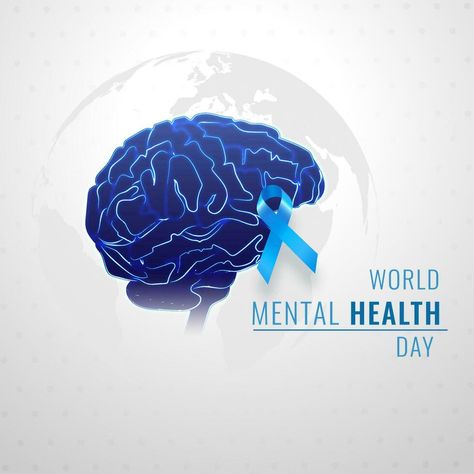 World Mental Health Day poster or template design, illustration of human brain with Aids ribbon in blue color on grey global earth background. World Mental Day Poster, Health Day Poster, Hospital Ads, Aids Ribbon, Earth Background, World Mentalhealth Day, World Mental Health Day, Posters Design, Creative Advertising Design