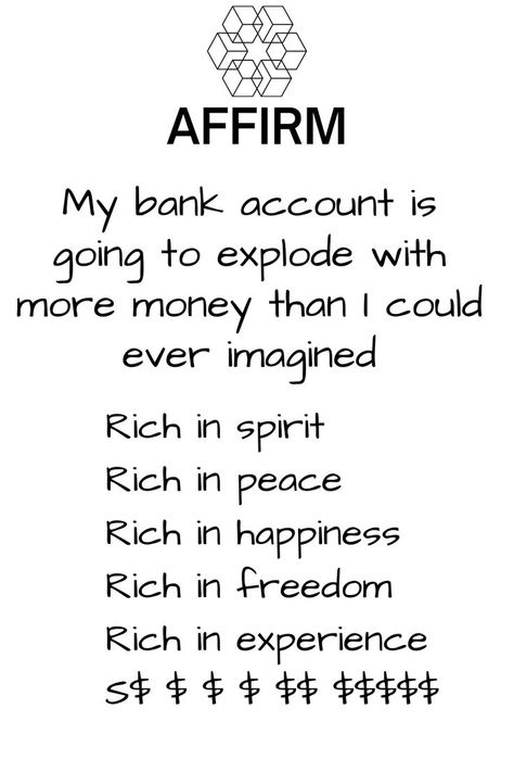 Positive affirmation to manifest money Rich In Spirit, Wealth Vision Board, Pinterest Vision Board, My Bank Account, Money Saving Methods, Money Vision Board, Vision Board Images, Dream Vision Board, Vision Board Affirmations