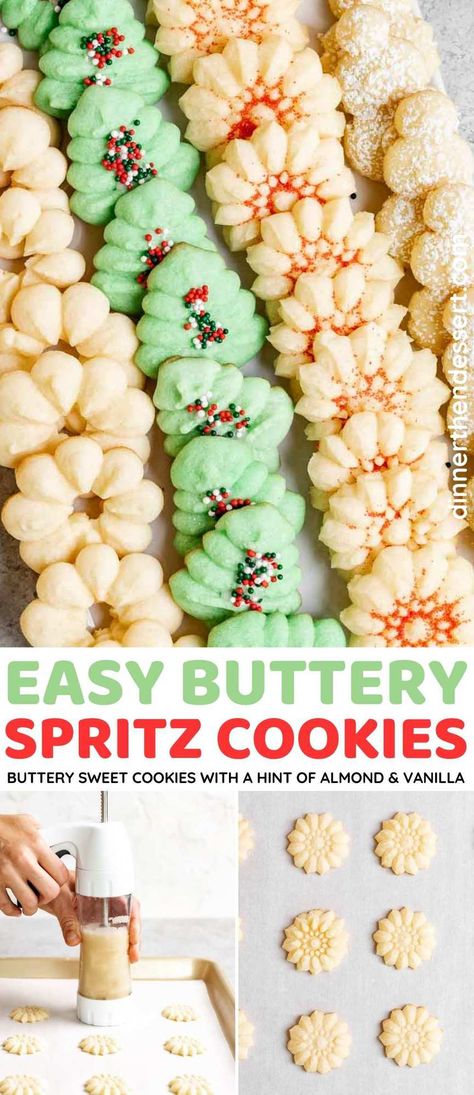 Cookie Press Recipes, Christmas Spritz Cookies, Spritz Cookie Recipe, Christmas Cookie Recipes Holiday, Dinner Then Dessert, Christmas Baking Recipes, Spritz Cookies, Butter Cookies Recipe, Cookie Press