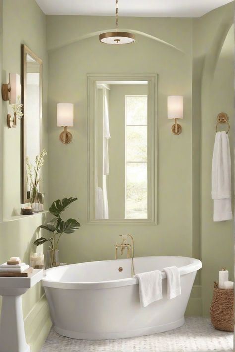 Pale Avocado Paradise: Green Tranquility (BM 2146-40) - 2024 Bathroom Oasis! - upgradesign.blog Pale Green Bathroom, Green Bathroom Paint, Girly Apartment Ideas, Paint Colors 2024, Bright Room Colors, Trendy Apartment Decor, Calming Decor, Best Wall Colors, 2024 Bathroom