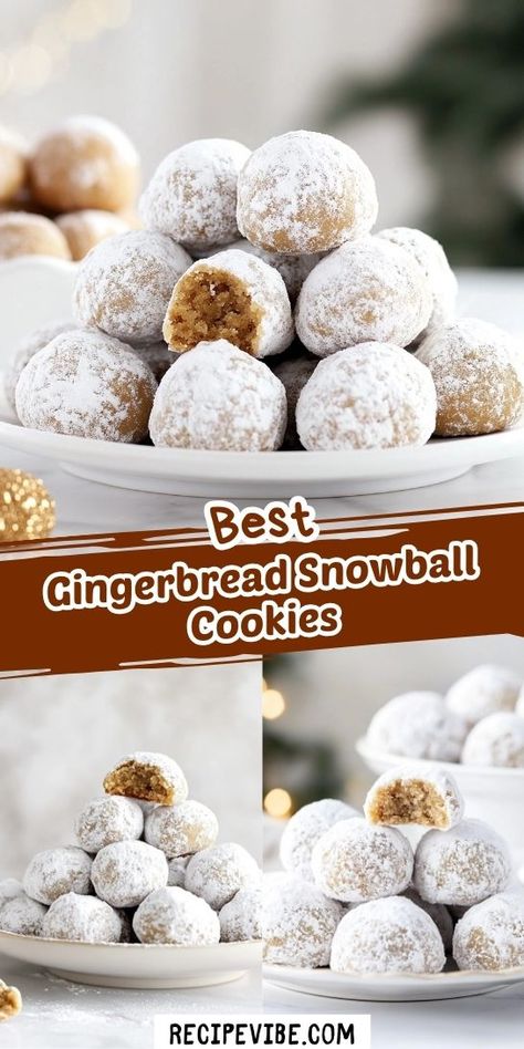 Looking for the perfect festive treat to bring holiday cheer? This Gingerbread Snowball Cookies Recipe is a delightful way to celebrate Christmas Desserts! Enjoy the warm, spiced flavor that melts in your mouth. Save this recipe for your holiday baking and impress your loved ones this season! Christmas Cookies Recipes Holiday Xmas, Gingerbread Dessert Recipes, Snowball Cookies Recipe, Cookie Swap Recipes, Xmas Cookies Recipes, Christmas Snacks Easy, Gingerbread Dessert, Christmas Baking Easy, Easy Holiday Cookies