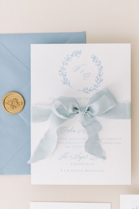 Soft blue illustrated monogram wedding invitation with luxury silk ribbon and a gold wax seal. Dusky blue wedding stationery inspired by the colour palette of the Impressionists for a romantic wedding. Ribbon And Wax Seal, Dusky Blue Wedding, Light Blue Wedding Invitations, Pastel Blue Wedding, Dream Wedding Invitations, Baby Blue Weddings, Blue Invitation, Light Blue Wedding, Monogram Wedding Invitations