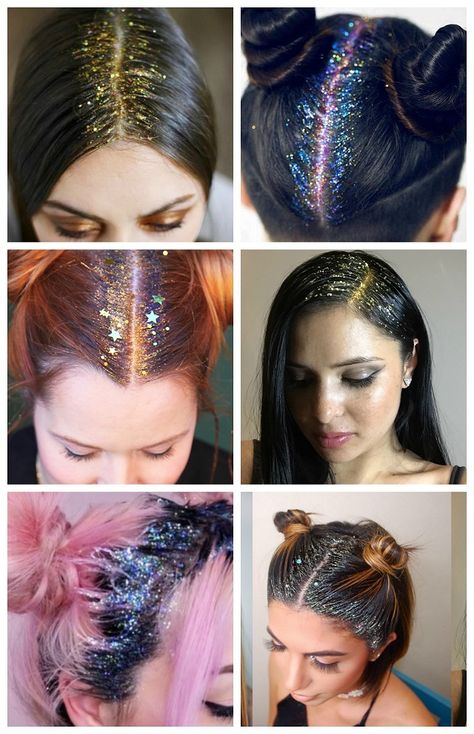 Glitter Hair Roots, Glitter In Hair Part, Glitter Hairstyles Short Hair, Glitter Roots Hairstyles, Glitter Hair Part, Glitter Part Hair, Diy Hair And Face Glitter, How To Make Glitter Gel For Hair, Diy Glitter Gel For Hair