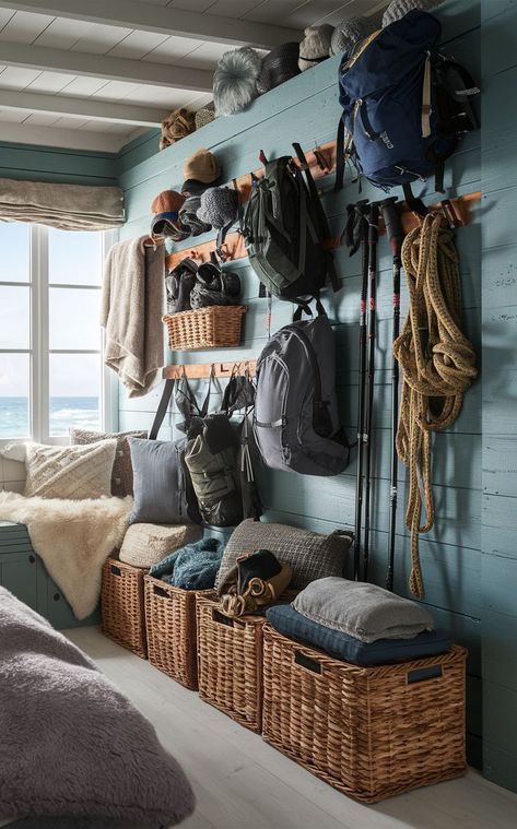 Bring a coastal vibe to your gear room with these beachy gear wall ideas! Perfect for outdoor gear storage and organizing your hiking gear in a seaside setting, these designs are both breezy and functional. 🌊 #CoastalGearRoom #HikingGear #OutdoorGearStorage Gear Room Ideas, Outdoor Gear Organization, Outdoor Gear Storage, Gear Wall, Gear Room, Gear Storage, Beach Homes, Bunk House, City Apartment