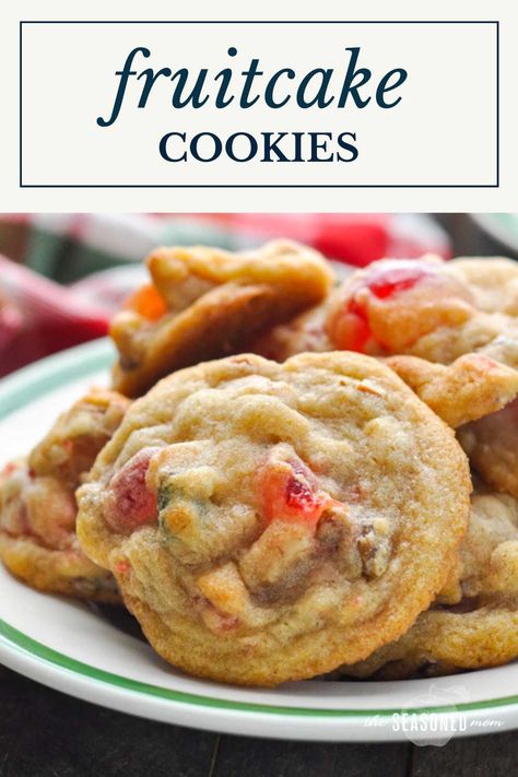 So much better than the old-fashioned cake! These easy fruitcake cookies are a beautiful, festive addition to your holiday dessert tray. Spike them with alcohol or omit the booze, kids of all ages will devour these treats! Easy Fruit Cake Cookies Recipe, Fruitcake Cookies Recipe, Fruit Cake Cookies Recipe, Christmas Dessert Tray, Fruitcake Cookies, Crumble Cookie Recipe, Fruit Cake Cookies, Holiday Baking Christmas, Christmas Baking Cookies