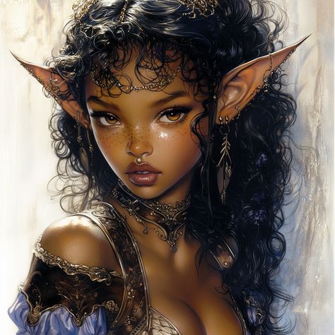 Black Elf Woman, Dark Skinned Elf, Character Brainstorm, Black Fairy Aesthetic, Black Elves, Black Fairies, Fairy Lore, Black Fae, Black Elf