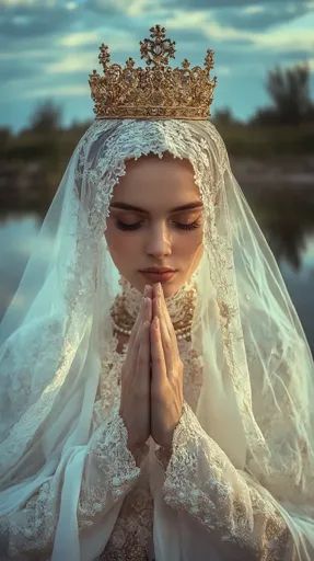 ↑↑↑ Larger size on website 🔸 A woman wearing a white veil and a golden crown, with her hands clasped in prayer. She is dressed in Surrealistic Photography, Veil And Crown, Prayerful Woman, Mission E, White Veil, Queen Esther, Woman In White, White Veils, Golden Crown