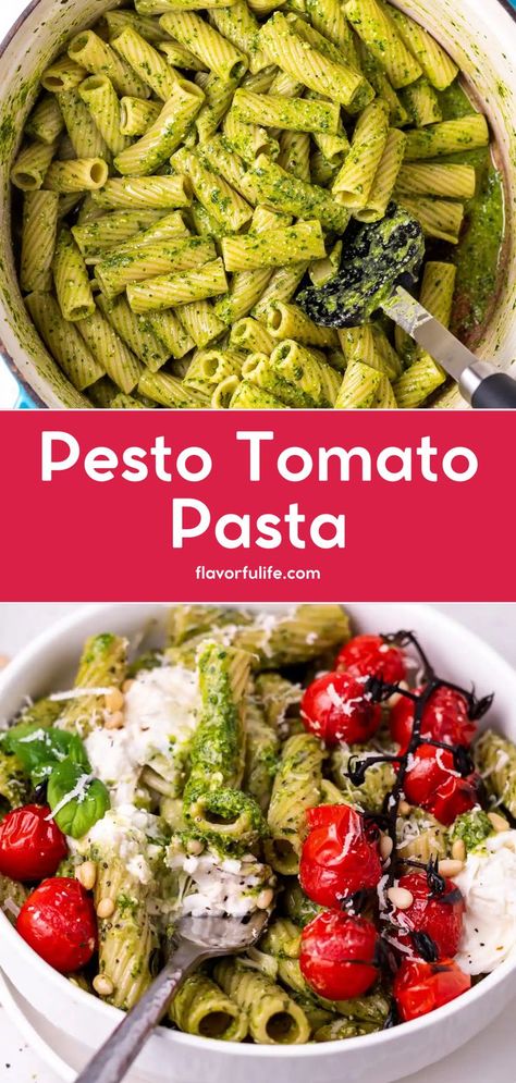 This pesto tomato pasta is the best! Try creamy pesto pasta any night of the week. Creamy tomato basil pesto pasta is a rich, flavorful dish. It’s the best pesto pasta and an easy pasta dinner made with pasta and roasted tomatoes. Perfect for family meals, it uses everyday ingredients and is completely homemade. Tomato Basil Pesto Pasta, Best Pesto Pasta, Pesto Pasta With Tomatoes, Pesto Rigatoni, Tomato Basil Pesto, Tomatoes And Burrata, Burst Tomatoes, Best Pesto, Rigatoni Recipe