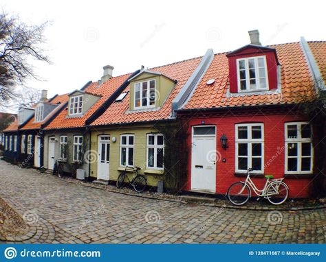 Photo about Cute traditional colorful little houses in the Old part of Aarhus in Denmark. Image of denmark, cute, danish - 128471667 Curvilinear Perspective, Funky Buildings, Danish Homes, Denmark Christmas, Denmark House, Cabin Houses, Danish House, My Scandinavian Home, Poo Poo