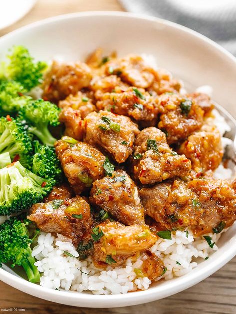 Honey Garlic Pork Rice Bowl Recipe – Pork Recipe — Eatwell101 Essen, Pork Rice Bowl Recipe, Pork Bowl Recipe, Pork And Rice Recipes, Honey Garlic Pork, Pork Steak Recipe, Pork Bites, Rice Bowl Recipe, Garlic Pork