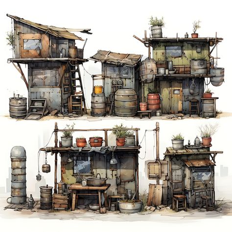 Premium Photo | Watercolor Cottage of Scrap Metal Shanties Repurposed Tire Planters Bold Industria Art 2D Vector Shanty Town Concept Art, Scrapyard Concept Art, Fallout Architecture, Cottage Reference, Apocalypse House, Steampunk Building, Punk House, Repurposed Tire, Watercolor Cottage