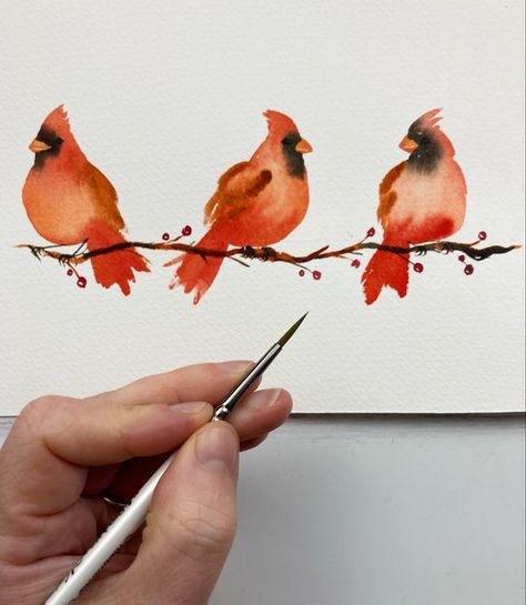 Watercolor Female Cardinal, How To Draw Cardinal Birds, How To Paint A Cardinal In Watercolor, Watercolor How To Paint, Cardinal Watercolor Painting Tutorial, Watercolor Art Birds Easy, Painting A Cardinal, Watercolor Cardinal Easy, Simple Watercolor Birds