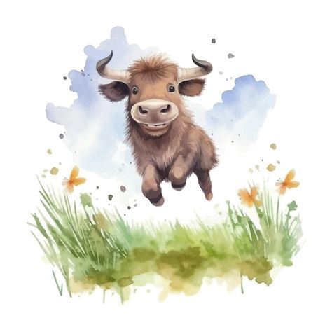 Vector cute buffalo cartoon in watercolo... | Premium Vector #Freepik #vector #buffalo #creature #flora-fauna #fauna Cute Buffalo Tattoo, Buffalo Illustration, Buffalo Cartoon, Buffalo Tattoo, Cute Buffalo, Baby Buffalo, Buffalo Art, African Buffalo, Flora Fauna