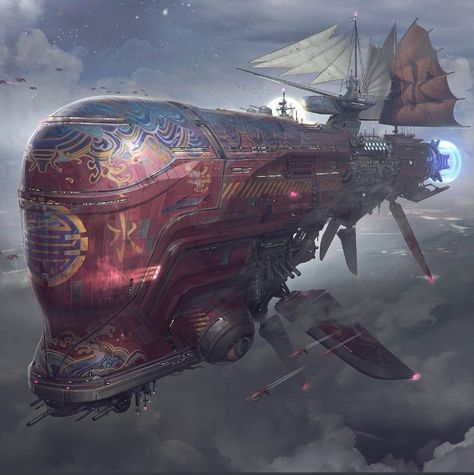 Created by @fred_augis. Sci-Fi airship. Beautiful Sci-Fantasy Steampunk Vehicles Ships, Futuristic Pirate, Famous Illustration, Famous Illustrators, Dieselpunk Art, Steampunk Ship, Airship Art, Merchant Ship, Uk Illustration