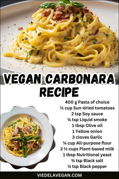 VEGAN CARBONARA RECIPE Vegan Carbonara Recipe, Vegan Carbonara Pasta, Vegan Carbonara, Comfort Pasta Dishes, Carbonara Recipe, Recipe Simple, Vegan Parmesan, Vegan Dinner, Classic Dishes