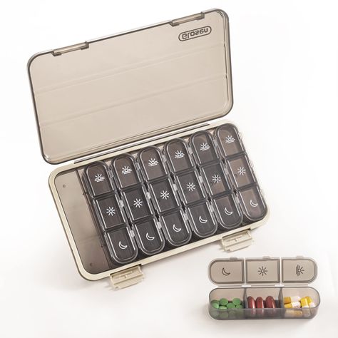 PRICES MAY VARY. Food-Grade Plastic: The pill organizer features individual compartments made of durable Bisphenol A (BPA)-free molded material that is safe for medical use. Pill box size: 9*5.15*1.18 inches. Large capacity compartments provide enough space for all medications, suitable for storing a week's worth of medications. The daily pill case is divided into three compartments for morning, noon and evening with simple icons printed to represent the three times of the day, reminding you to Medication Organization Storage, Monthly Pill Organizer, Medication Organizer, Pill Box Organizer, Weekly Pill Organizer, Medication Organization, Pill Container, Travel Container, Simple Icon