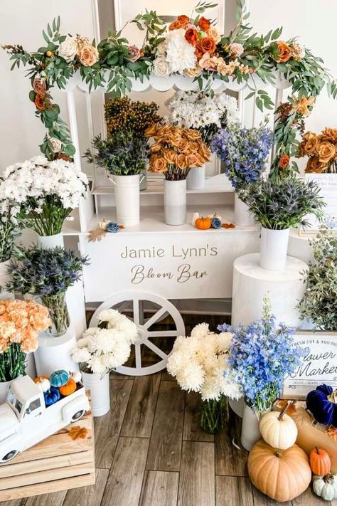 Take a look at this gorgeous rustic fall bridal shower! Love the floral cart party favors! See more party ideas and share yours at CatchMyParty.com Flower Bridal Shower Theme, Honey Do Shower, Fall In Love Bridal Shower, Wedding Shower Party, Bridal Shower Inspo, Garden Bridal Showers, Garden Shower, Bridal Shower Inspiration, Bridal Shower Flowers