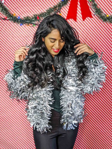 Make Ugly Christmas Sweaters – Best Day of the Week Tinsel Outfit Diy, Diy Tinsel Sweater, Funky Christmas Outfit, Ugly Sweater Contest Winner, Easy Ugly Christmas Sweater, Making Ugly Christmas Sweaters, Tinsel Sweater, Ugly Christmas Sweater Diy Funny, Diy Christmas Outfit