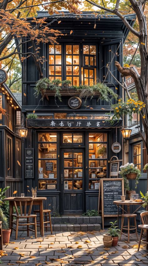 City Cafe Exterior, Cafe With House On Top, Old Buildings Aesthetic Vintage, Dark Academia Cafe, Fall Coffee Shop, Fall Cafe, Cafe Architecture, Autumn Cafe, Storefront Ideas